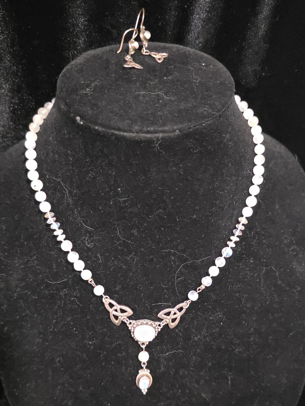 Sterling Silver Rainbow Moonstone Celtic Pendant Necklace and Earrings Set